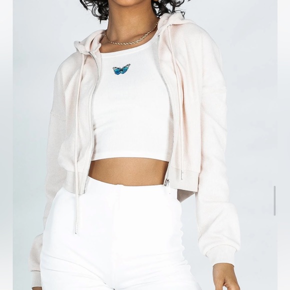 Princess Polly cropped zip up hoodie in beige - Picture 3 of 3